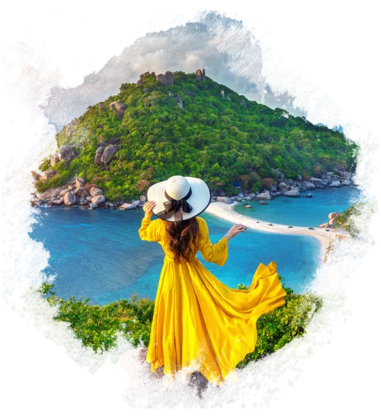 Traveller looking out over a tropical island